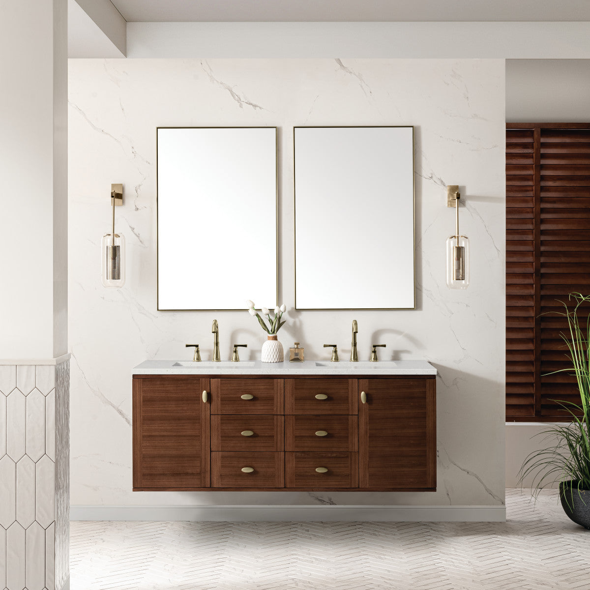 Amberly 60" Double Vanity Cabinet, Mid-Century Walnut