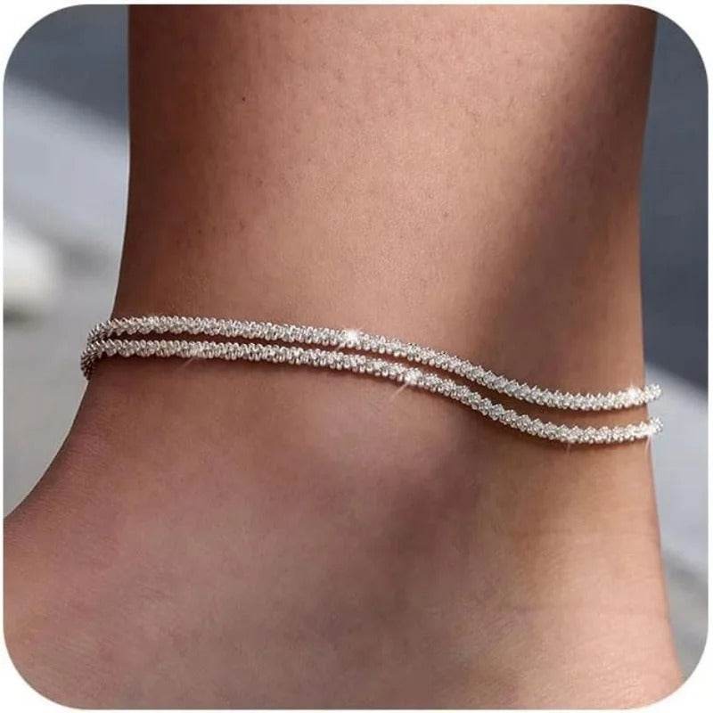 Dainty Layered Waterproof Anklet for Women - Adjustable Cross Pendant Sparkling Beach Jewelry