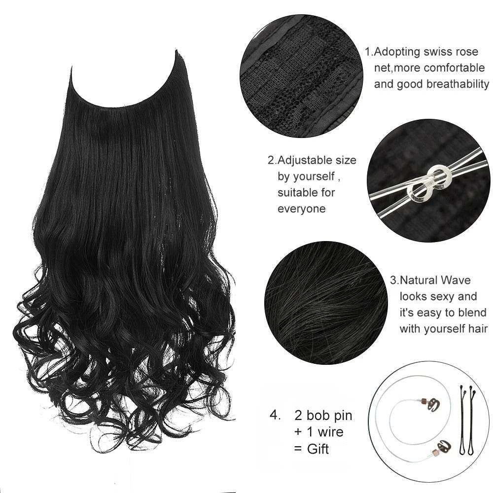 Premium Synthetic Invisible Wire Hair Extensions – Long Wavy Synthetic Hairpiece for Women, No Clips
