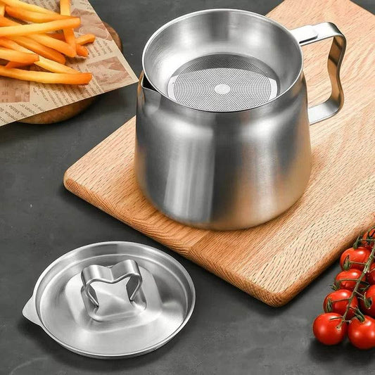 Stainless Steel Oil Filter Pot with Fine Mesh Strainer & Fry Basket – Grease Container for Kitchen Cooking Oil Storage