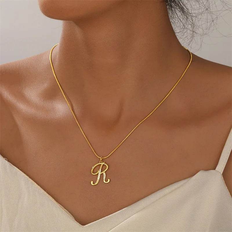 Gold Letter Pendant Necklace for Women – A-Z Alphabet Zircon Crystal Choker, Snake Chain Jewelry Gift