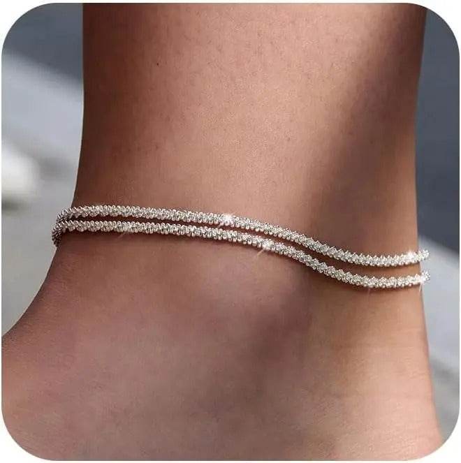 Dainty Layered Waterproof Anklet for Women - Adjustable Cross Pendant Sparkling Beach Jewelry
