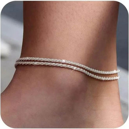 Dainty Layered Waterproof Anklet for Women - Adjustable Cross Pendant Sparkling Beach Jewelry