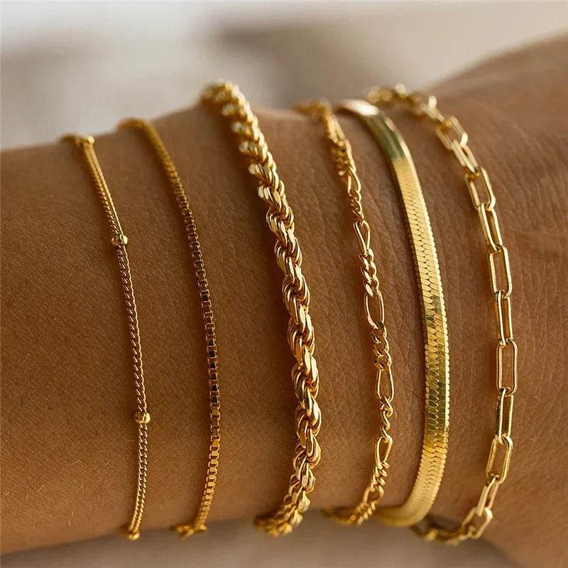 6Pcs Gold Boho Bracelet Set for Women – Vintage Cuban Chain Jewelry Gift