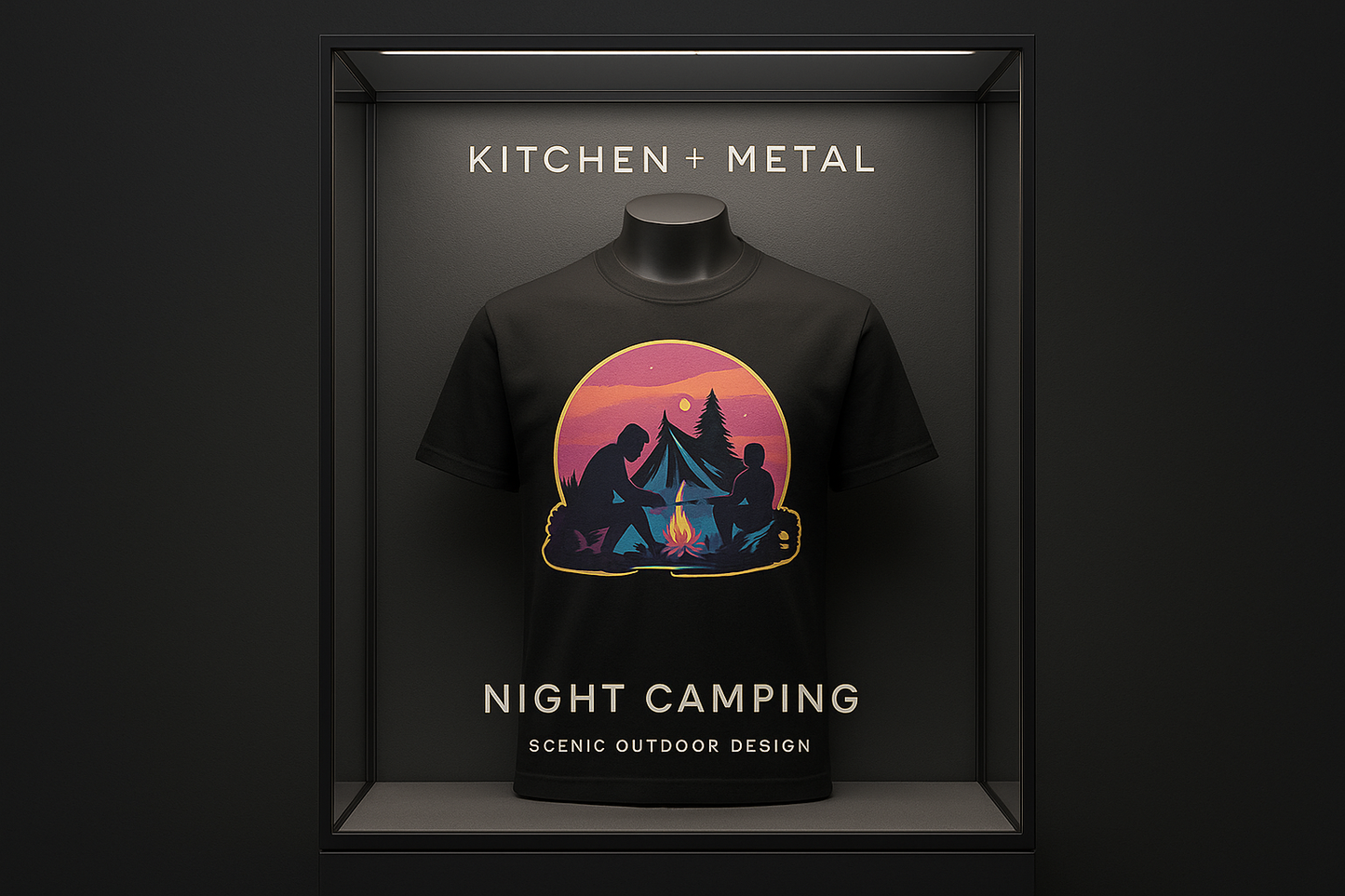 Marketing graphic for Kitchen + Metal featuring the night camping t-shirt in an elegant retail display case