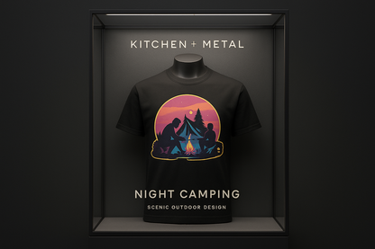 Marketing graphic for Kitchen + Metal featuring the night camping t-shirt in an elegant retail display case