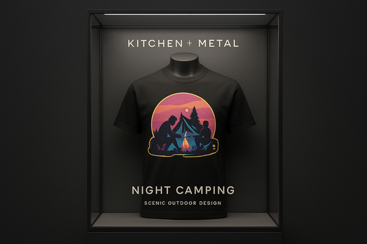 Marketing graphic for Kitchen + Metal featuring the night camping t-shirt in an elegant retail display case