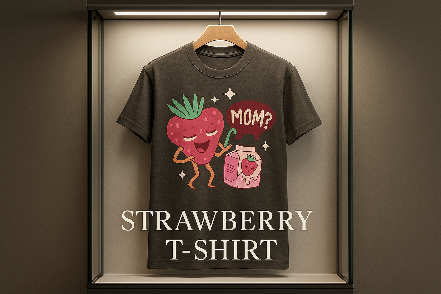 Marketing graphic for Kitchen + Metal featuring the strawberry Mom t-shirt in an elegant retail display case