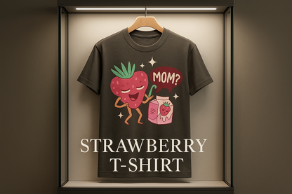 Marketing graphic for Kitchen + Metal featuring the strawberry Mom t-shirt in an elegant retail display case