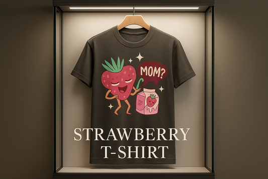 Marketing graphic for Kitchen + Metal featuring the strawberry Mom t-shirt in an elegant retail display case
