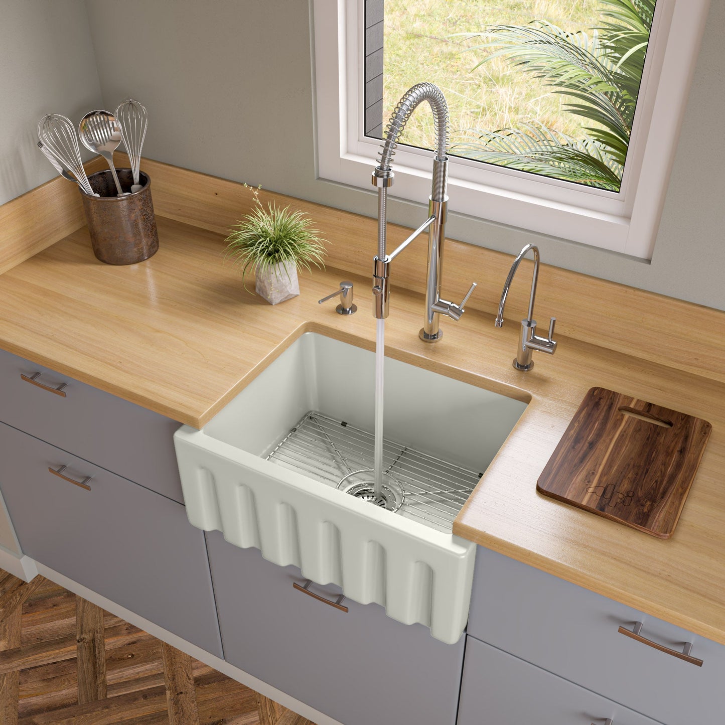 ALFI brand AB2418HS AB2418HS-B 24 inch Biscuit Reversible Smooth / Fluted Single Bowl Fireclay Farm Sink