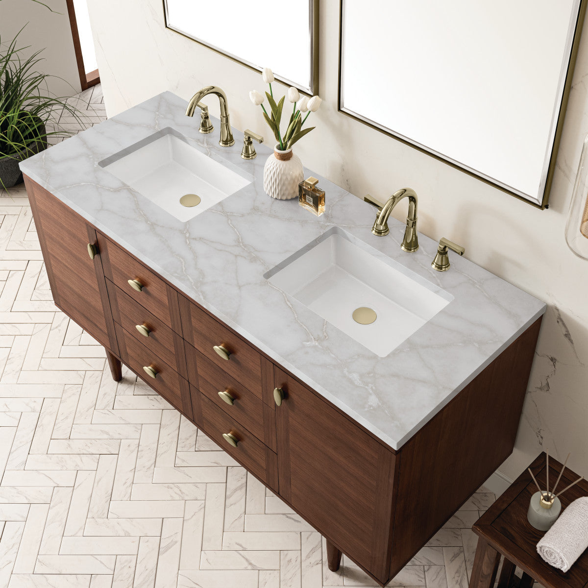 Amberly 60" Double Vanity Cabinet, Mid-Century Walnut