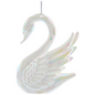 Iridescent swan-shaped ornament on a white background