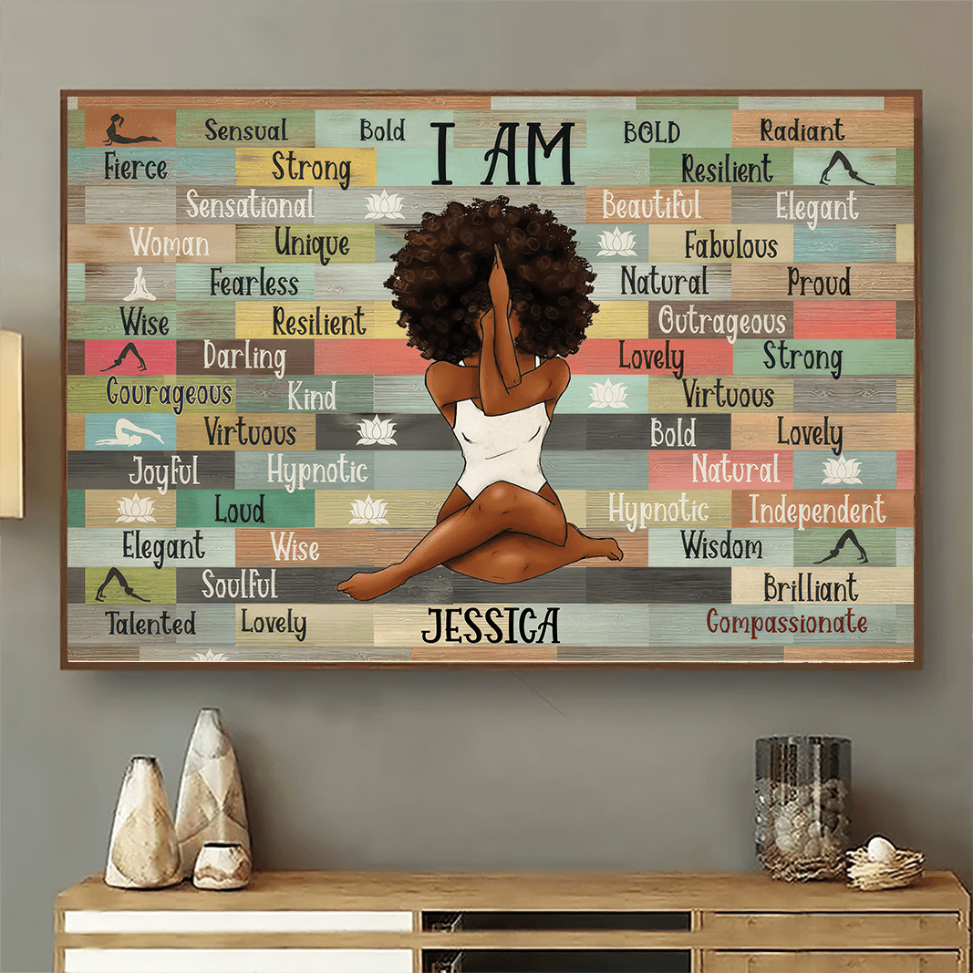 I Am Black Woman Yoga Pose - Personalized Gift for Black Woman, Black Girl - Black History Month, Juneteenth | Custom Black Art, African American