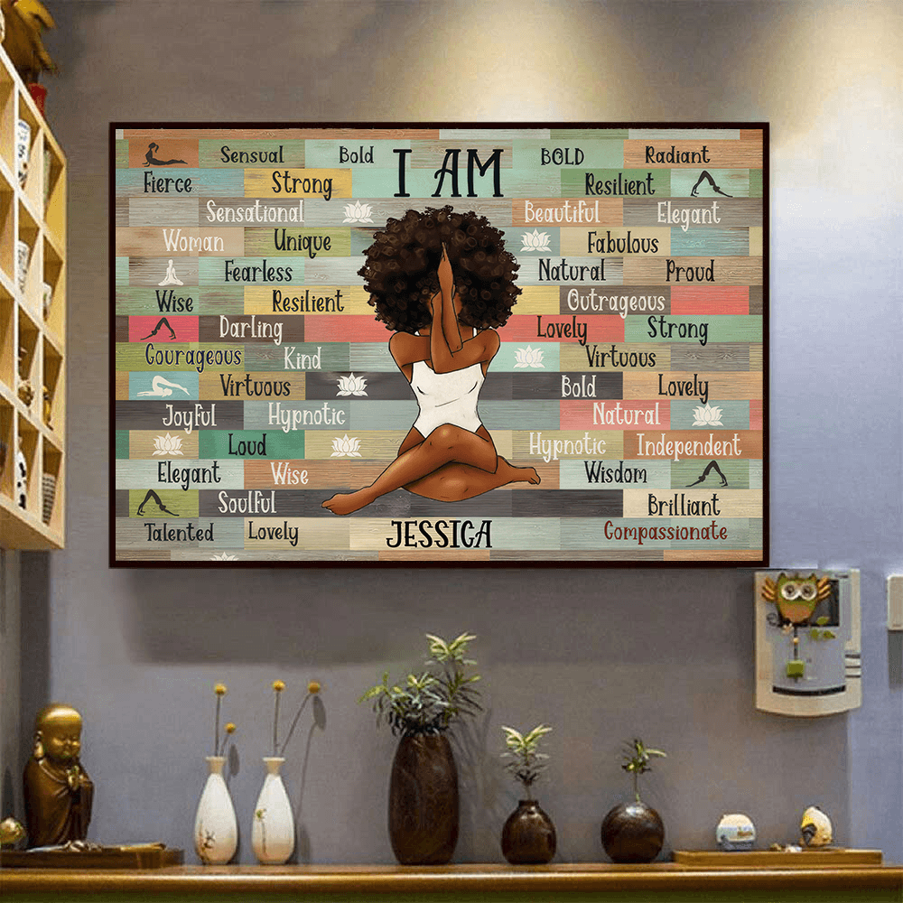 I Am Black Woman Yoga Pose - Personalized Gift for Black Woman, Black Girl - Black History Month, Juneteenth | Custom Black Art, African American
