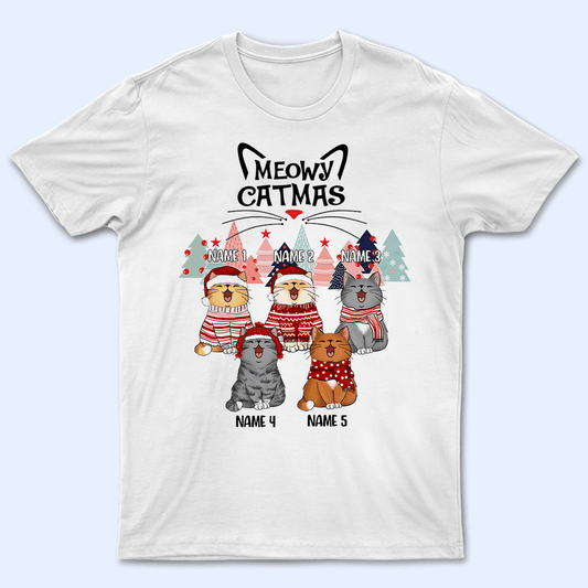 Meowy Catmas - Christmas Cat With Pine Trees - Personalized Cat Christmas T-shirt - Birthday, Loving, Funny Gift for Cat Mom, Cat Dad, Cat Lovers, Pet Gifts for Him, Her
