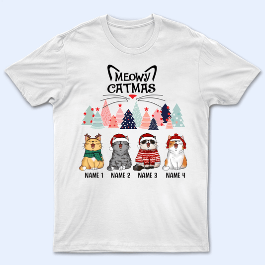 Meowy Catmas - Christmas Cat With Pine Trees - Personalized Cat Christmas T-shirt - Birthday, Loving, Funny Gift for Cat Mom, Cat Dad, Cat Lovers, Pet Gifts for Him, Her