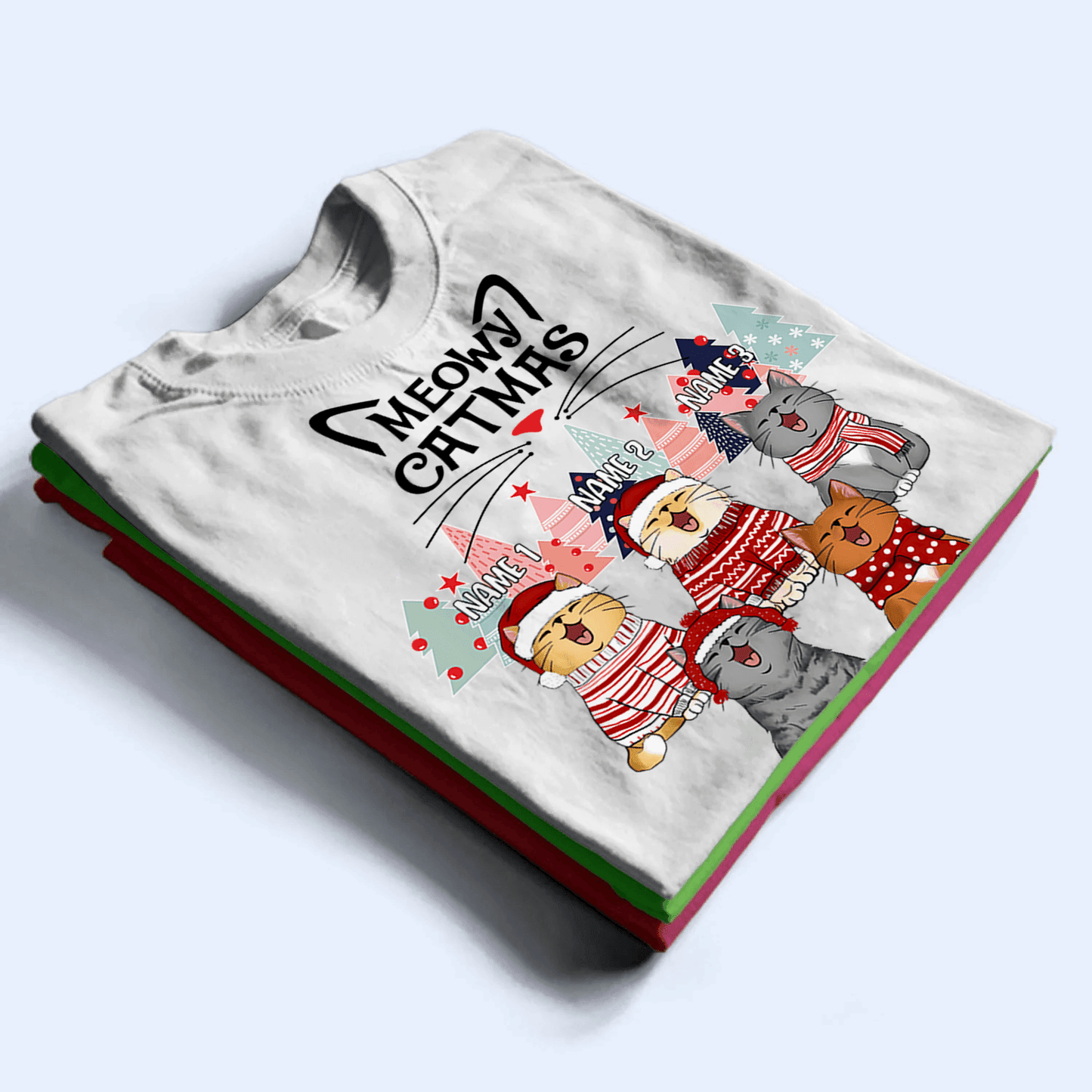 Meowy Catmas - Christmas Cat With Pine Trees - Personalized Cat Christmas T-shirt - Birthday, Loving, Funny Gift for Cat Mom, Cat Dad, Cat Lovers, Pet Gifts for Him, Her