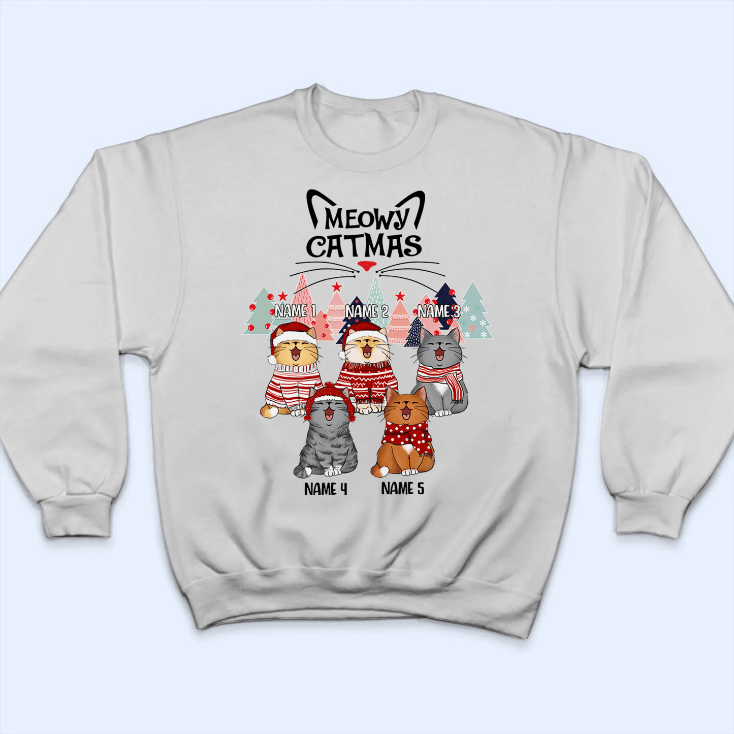 Meowy Catmas - Christmas Cat With Pine Trees - Personalized Cat Christmas T-shirt - Birthday, Loving, Funny Gift for Cat Mom, Cat Dad, Cat Lovers, Pet Gifts for Him, Her