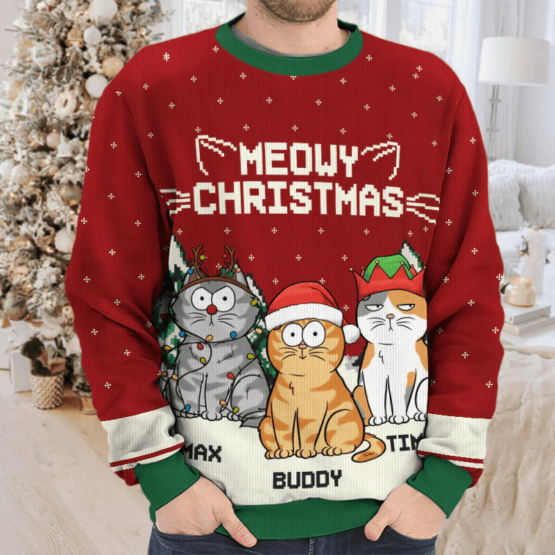 Meowy Catmas - Custom Ugly Sweater - Personalized Funny Christmas Gifts for Cat Owners & Lovers, Cat Mom, Cat Dad | Sweatshirt