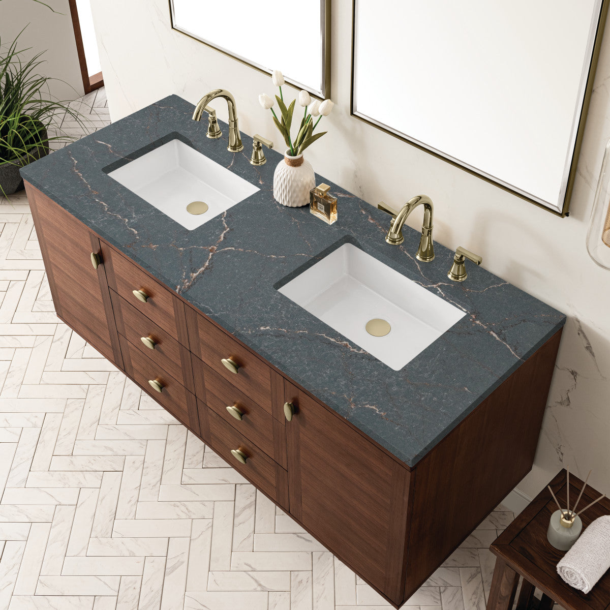 Amberly 60" Double Vanity Cabinet, Mid-Century Walnut