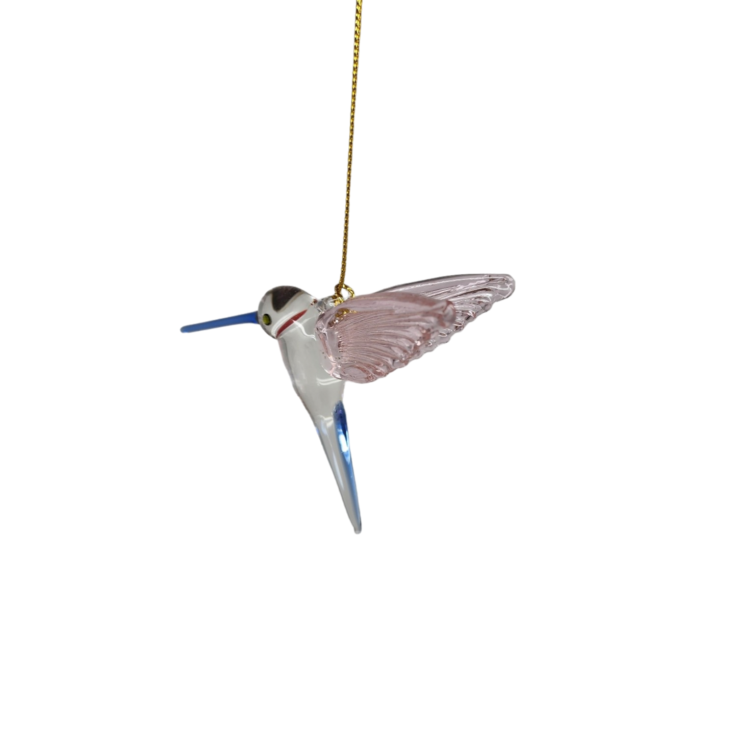 Feeding Hummingbird glass Ornament - Pink Wings / Blue Tail / Blue Beak