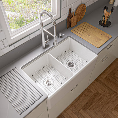 ALFI brand ABFS3320D Workstation 33" x 20" Double Bowl Step Rim Fireclay Farm Sink with Accessories