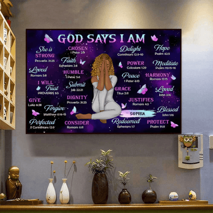 God Says I Am - Custom Wall Art - Personalized Gift for Christian Girl, Woman, Wife, Girlfriend