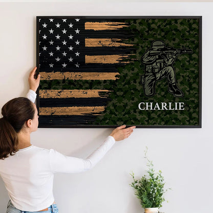 Half Thin Green Line Patriotic American Flag - Personalized Poster - Gift For Army, Military Veteran Dad Grandpa Veteran