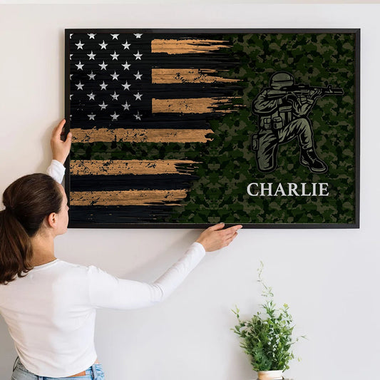 Half Thin Green Line Patriotic American Flag - Personalized Poster - Gift For Army, Military Veteran Dad Grandpa Veteran