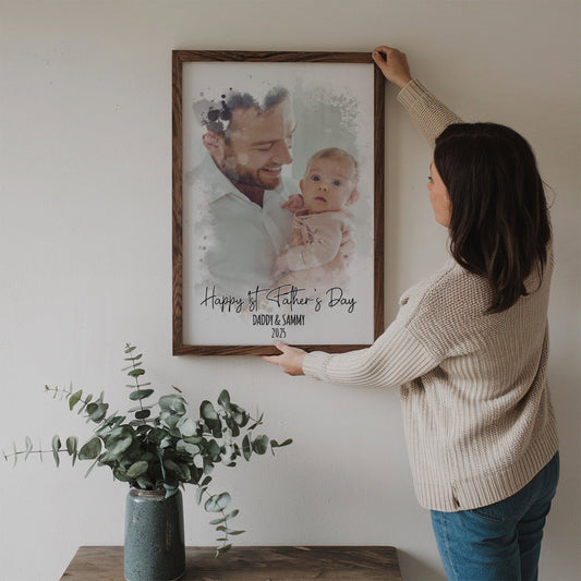 Custom Photo  Watercolor First Father's Day - Personalized Poster/Canvas - New Dad Gift From Wife, First Father's Day