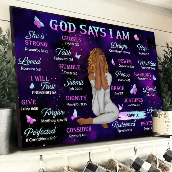God Says I Am - Custom Wall Art - Personalized Gift for Christian Girl, Woman, Wife, Girlfriend