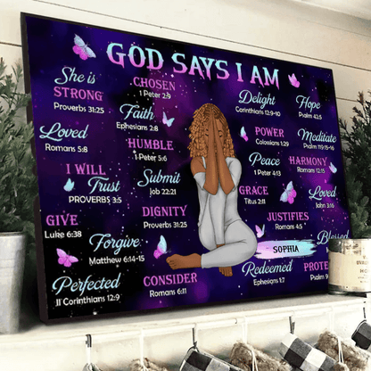 God Says I Am - Custom Wall Art - Personalized Gift for Christian Girl, Woman, Wife, Girlfriend
