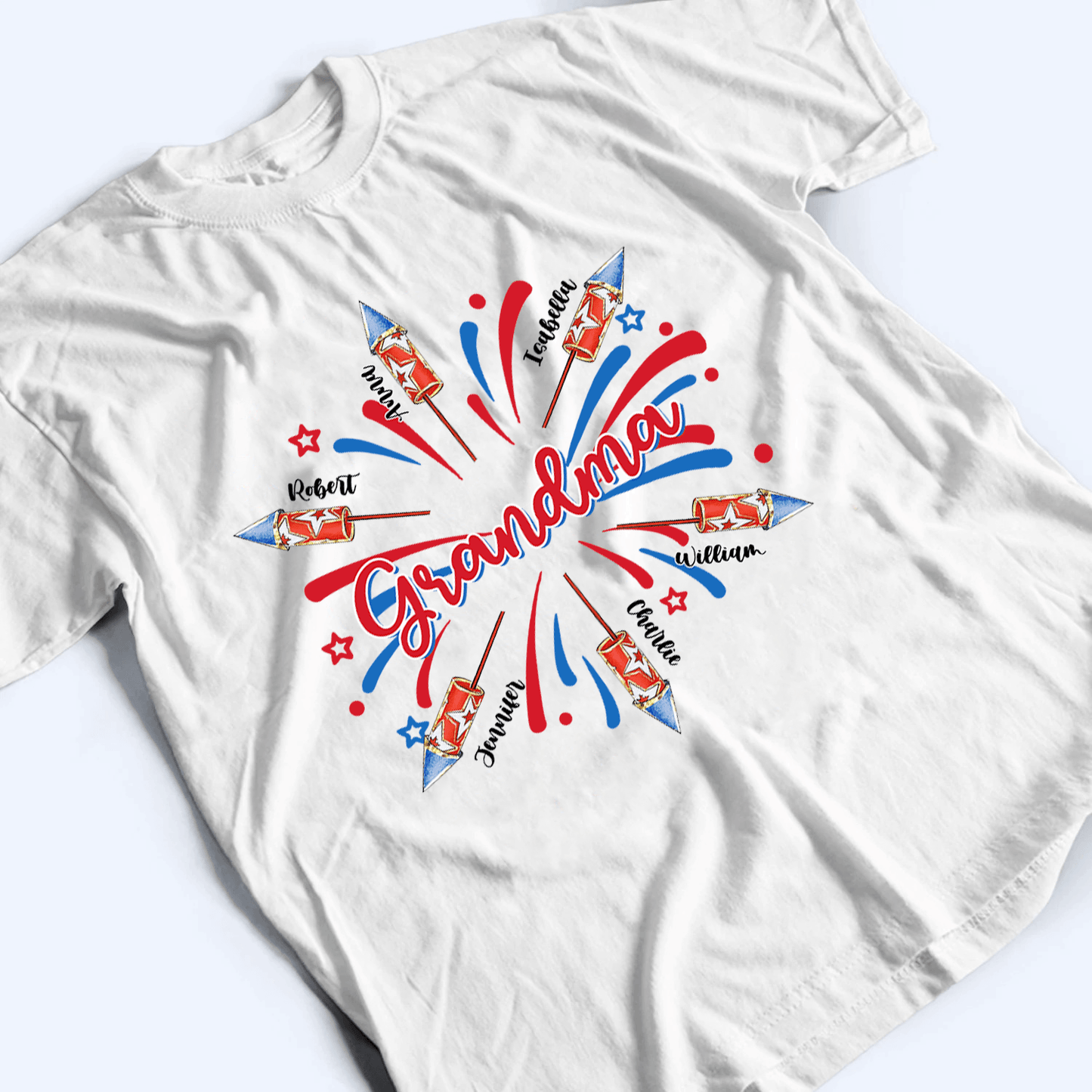 Patriotic 4th of July Grandma With Grandkids Names - Personalized Custom T Shirt - Gift for Grandma/Nana/Mimi, Mom, Wife, Grandparent