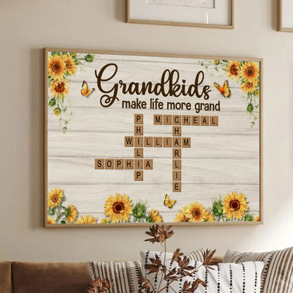 Grandkids Make Life More Grand Crossword Puzzle Sunflower - Personalized Poster/Canvas - Gift for Grandma, Nana, Grandparent