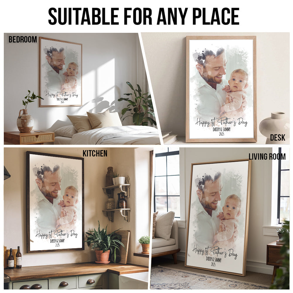 Custom Photo  Watercolor First Father's Day - Personalized Poster/Canvas - New Dad Gift From Wife, First Father's Day