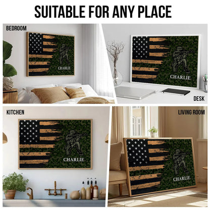 Half Thin Green Line Patriotic American Flag - Personalized Poster - Gift For Army, Military Veteran Dad Grandpa Veteran