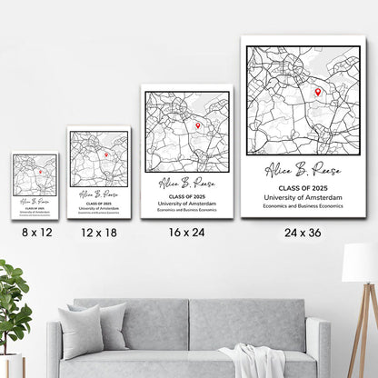 Graduation Gift Map Print - Personalized Poster/Canvas Print - Graduation Gifts, Presents & Ideas For Her/Him, Grad Ceremony, Commencement, Convocation, College & University