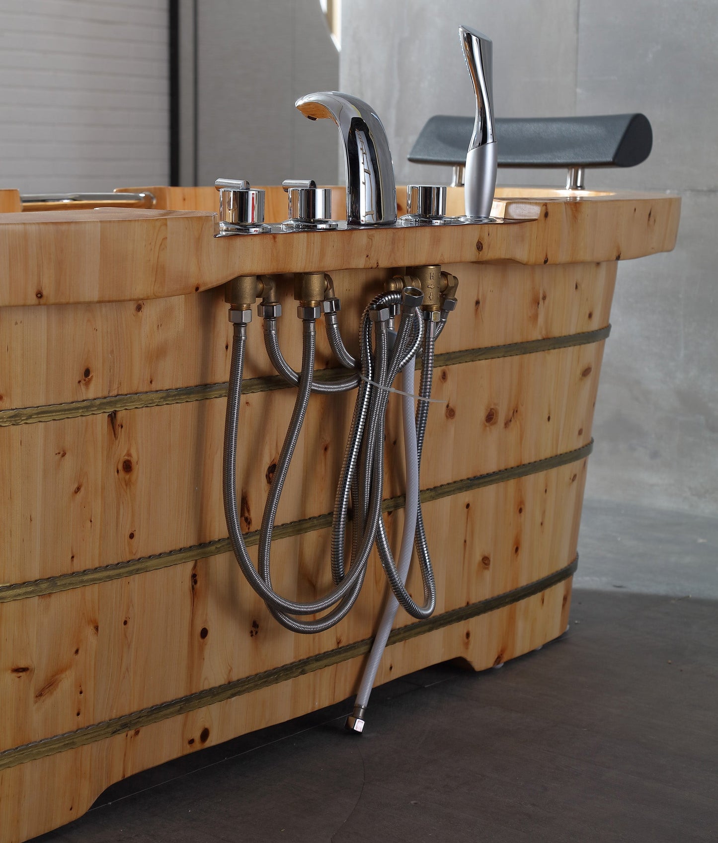 ALFI brand  AB1130 65" 2 Person Free Standing Cedar Wooden Bathtub with Fixtures & Headrests