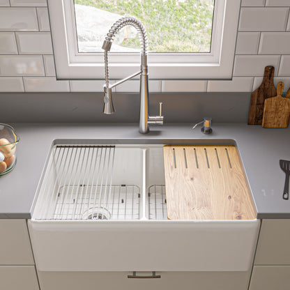 ALFI brand ABFS3320D Workstation 33" x 20" Double Bowl Step Rim Fireclay Farm Sink with Accessories