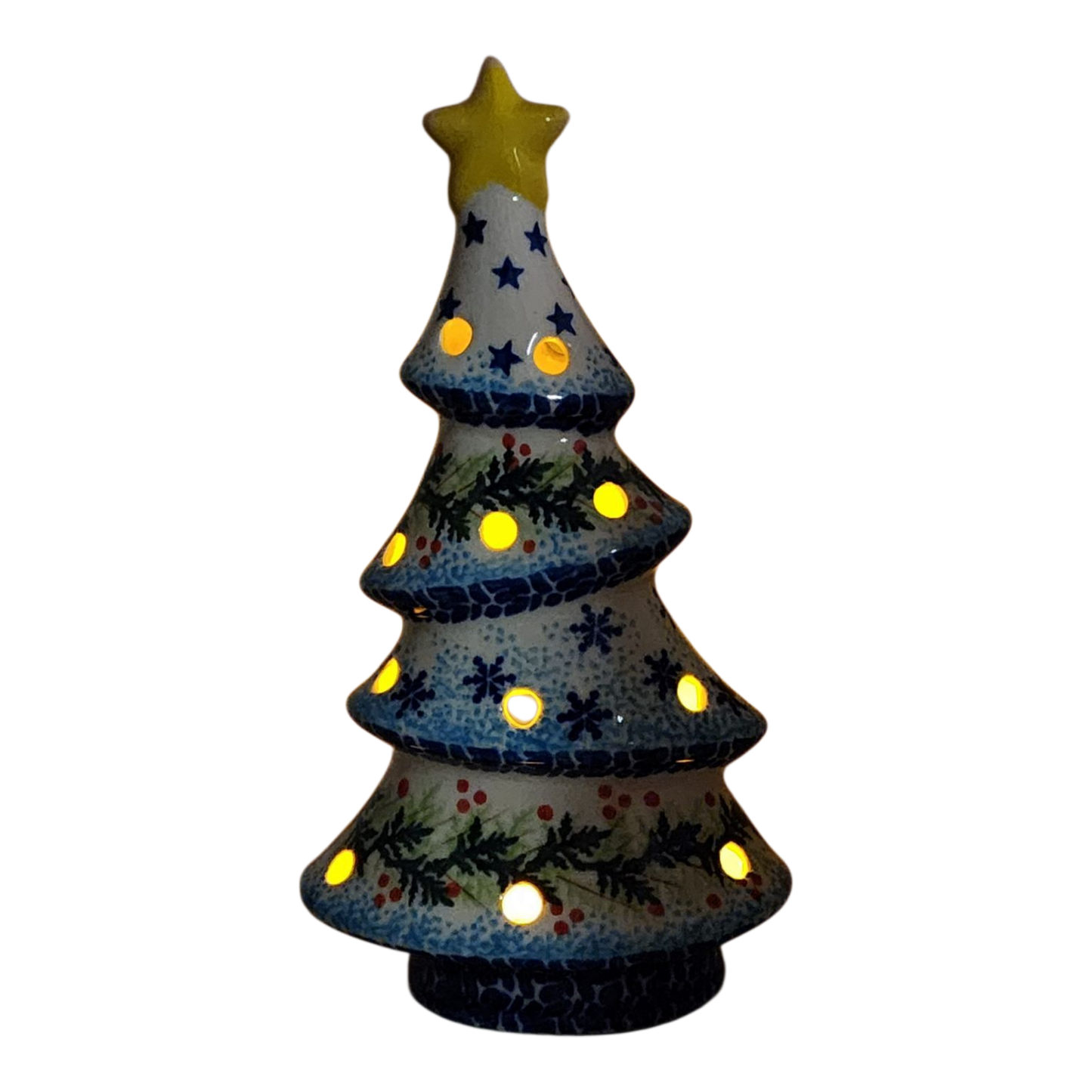 Polish Pottery Christmas Tree Luminary - Winter Wonderland Pattern