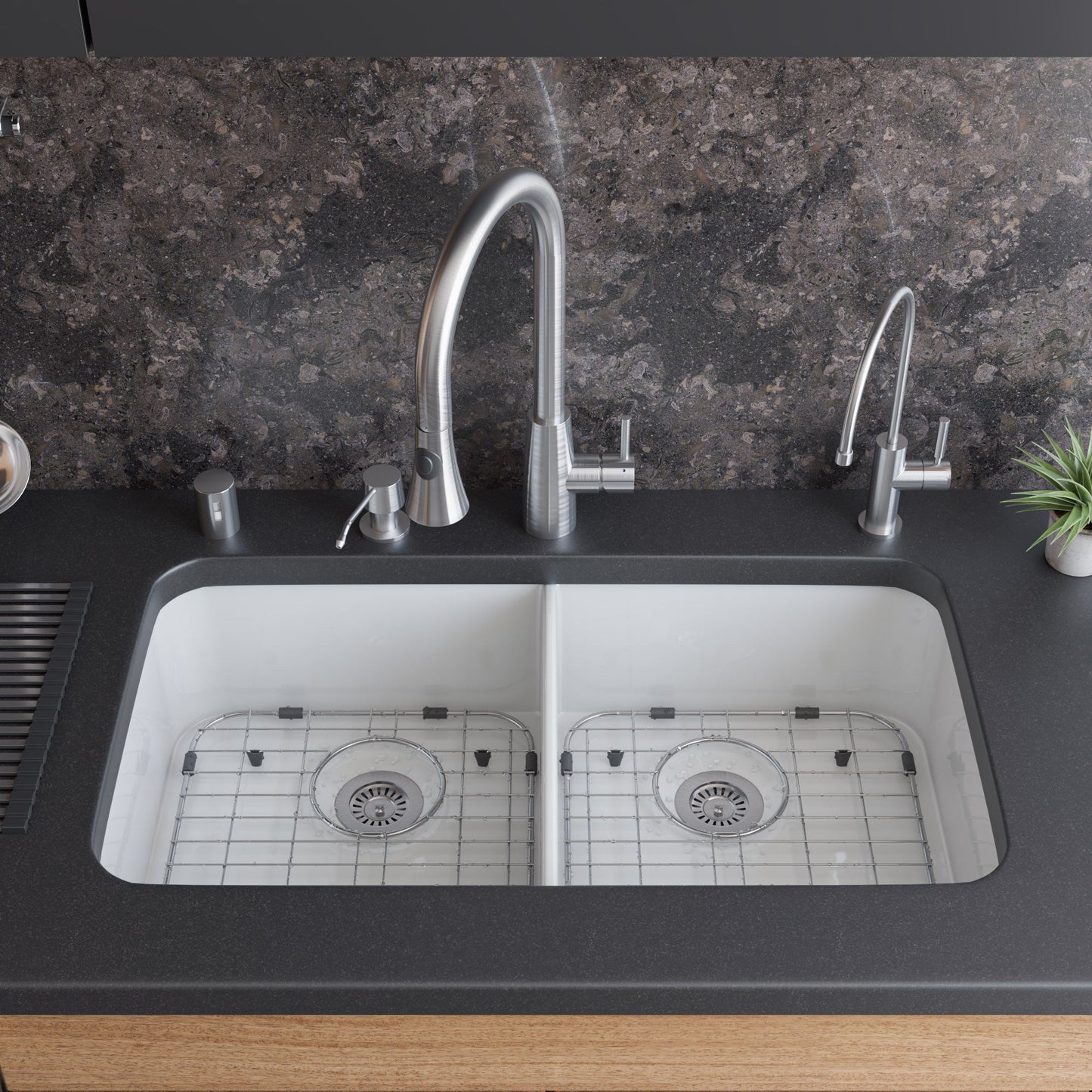ALFI brand AB512UM AB512UM-W 32 inch White Double Bowl Fireclay Undermount Kitchen Sink