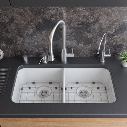 ALFI brand AB512UM AB512UM-W 32 inch White Double Bowl Fireclay Undermount Kitchen Sink