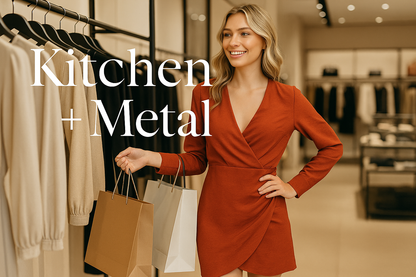 Model wearing rust wrap dress while shopping with Kitchen + Metal branding