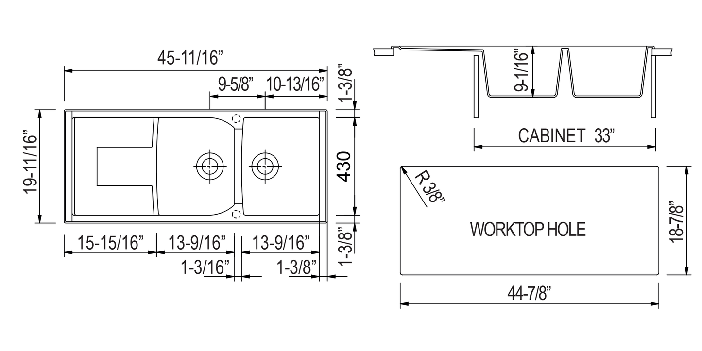 ALFI brand AB4620DI 46" Double Bowl Granite Composite Kitchen Sink with Drainboard