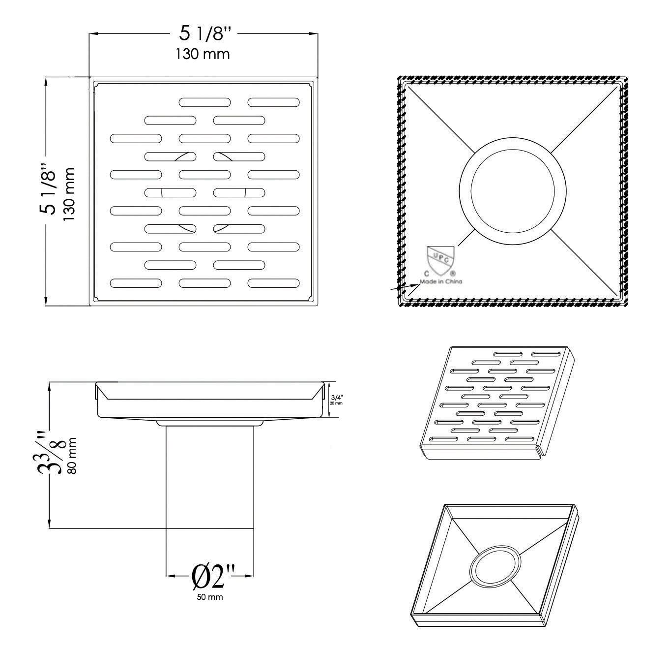 ALFI brand ABSD55C 5" x 5" Square Stainless Steel Shower Drain with Groove Holes