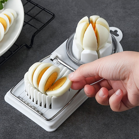 Multifunctional egg slicer cutter with stainless steel wires for precise slicing, perfect for kitchen food preparation by Kitchen + Metal