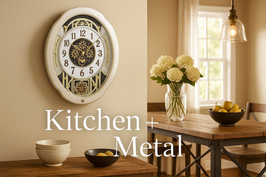 Musical Clock in Kitchen Setting with Kitchen + Metal Branding