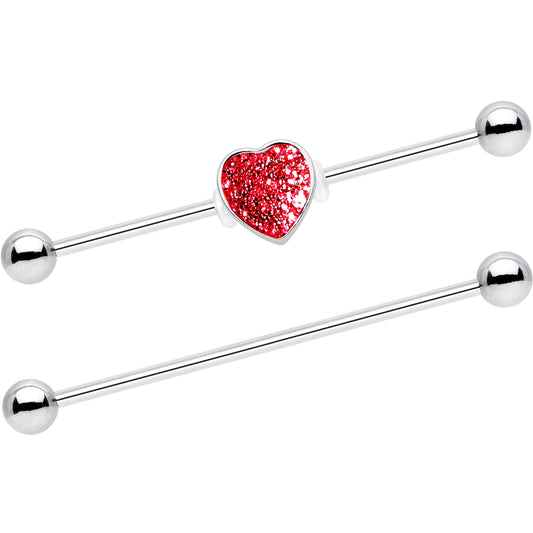 14G Red Glitter Heart Industrial Barbell 38mm Set of 2