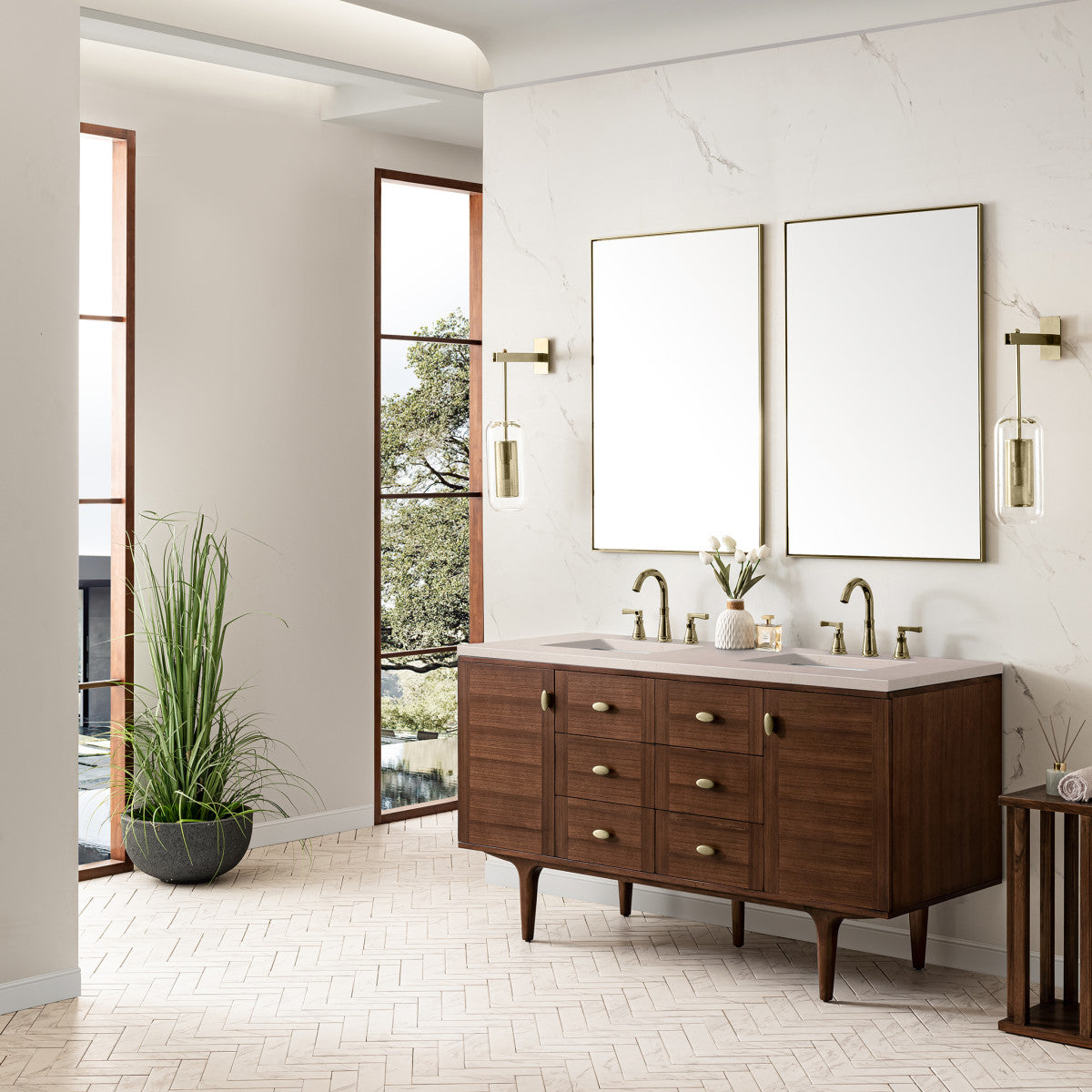 Amberly 60" Double Vanity Cabinet, Mid-Century Walnut